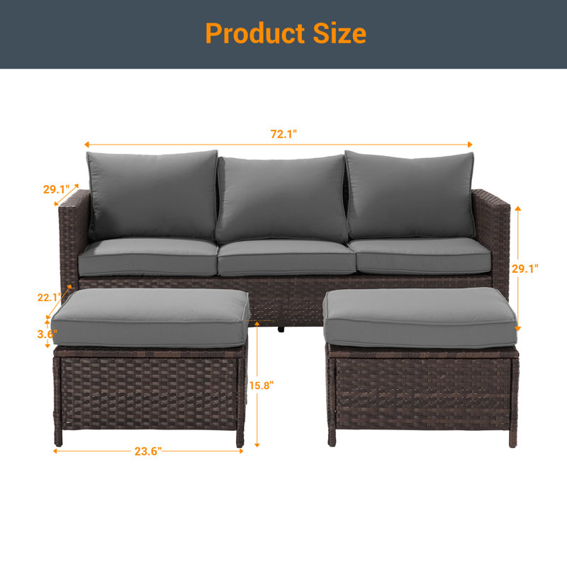 Raelee 3 - Person Patio Conversation Set with Cushions, Brown, Gray