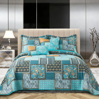 Queen Cotton Boho Reversible Quilt Set - Teal/Green Chic, Lightweight, Farmhouse