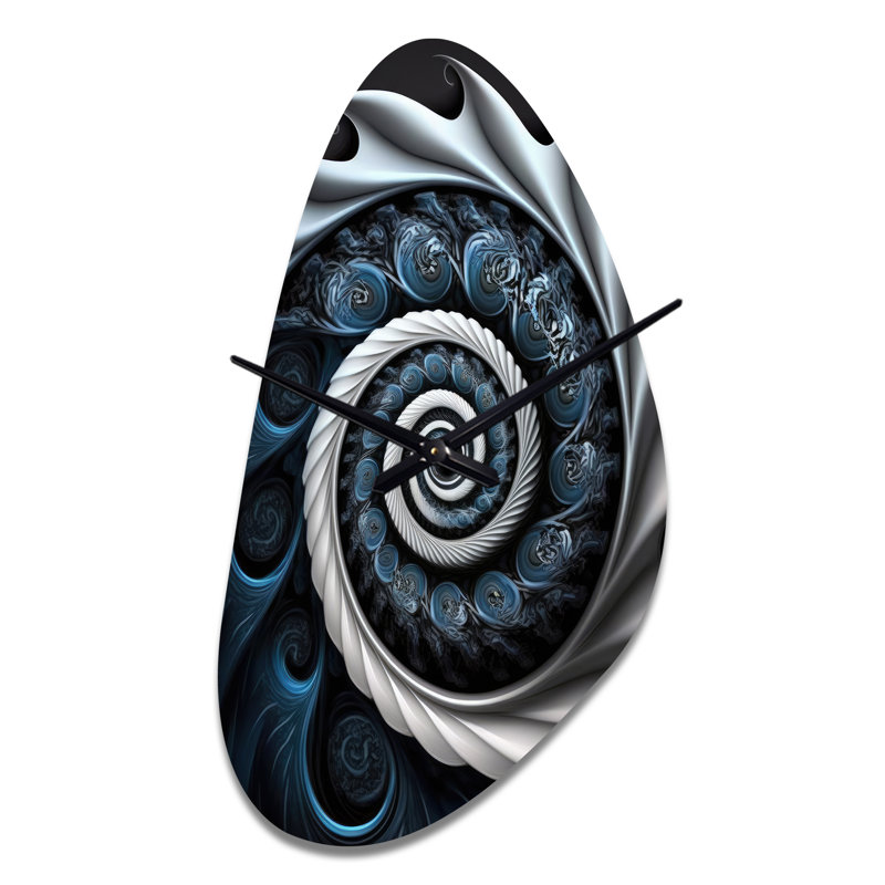 Horloge murale en forme de spirale abstraite en verre coloré bleu et blanc avec impression en forme de spirale abstraite bleue