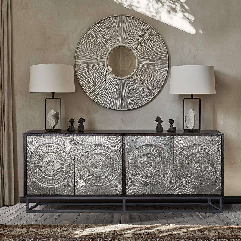 Tahir 86" Mango Wood 4-Door Cabinet with Silver Cladded Pattern Door Facades & Grey Metal Base