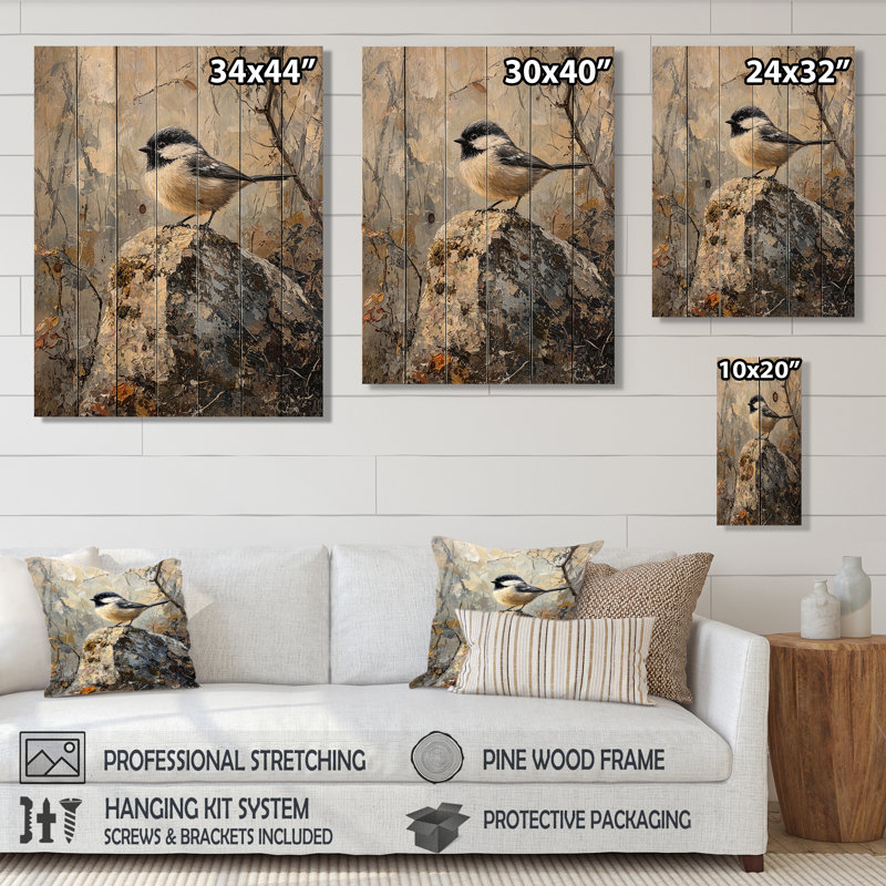 Mésange sur une pomme de pin - Décoration murale oiseau en bois - Bois de pin naturel, H 40 po x l 30 po x P 0,78 po