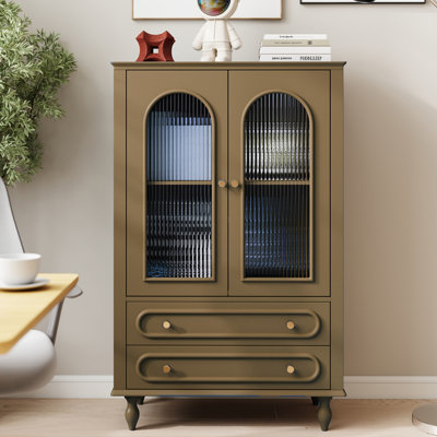 Fluted Glass Bookshelf Cabinet With Drawers