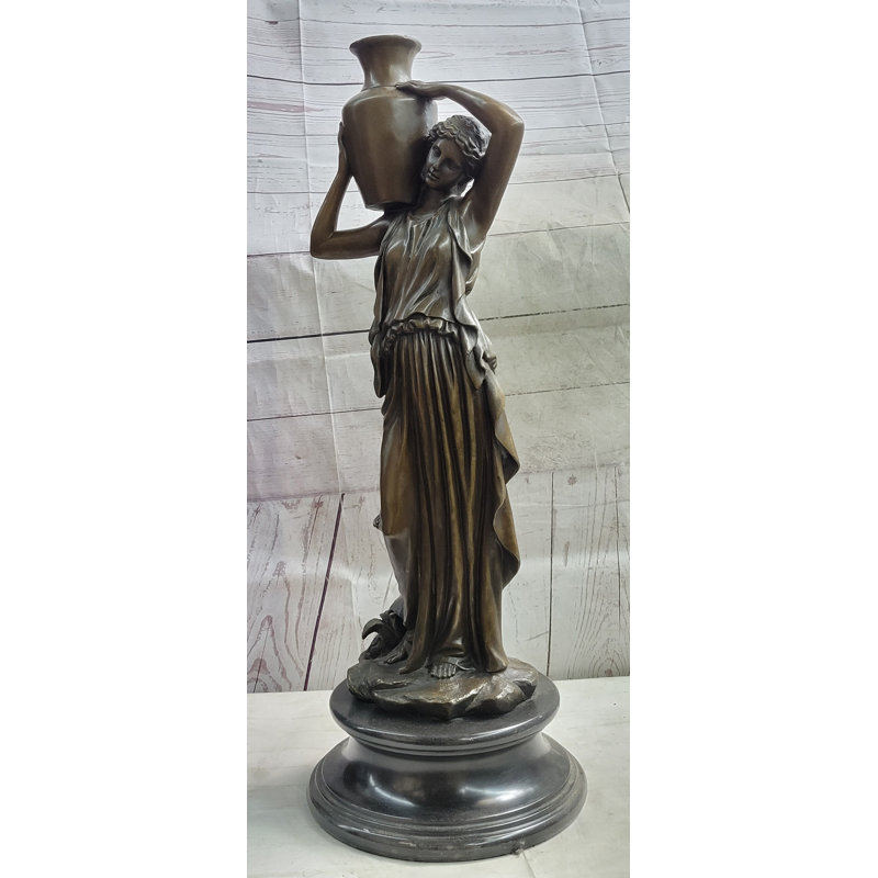 Bronze Greek Roman Woman Carrying Jug Statue with Marble Base