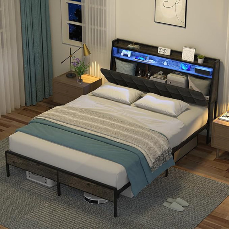 Cadre de lit avec tête de lit ergonomique multi-espaces et lumières à DEL RVB