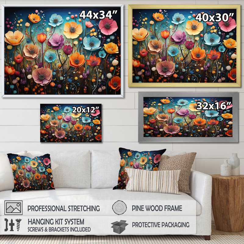 Colorful Wildflowers Whimsical Blooms - Wildflowers Wall Art, 34" H x 44" W x 1.5" D, Natural Floater Framed