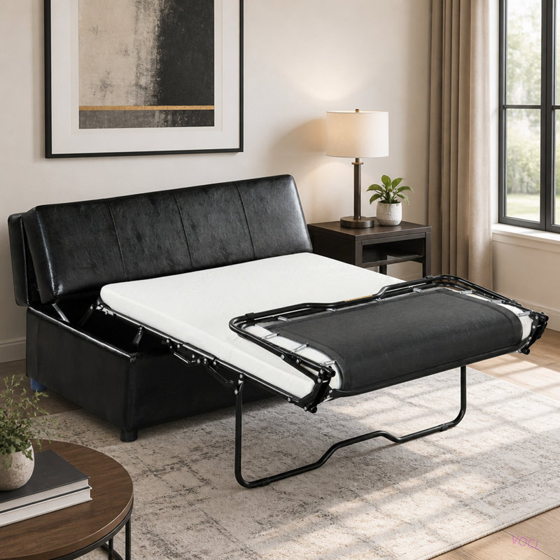 Lit d'appoint convertible ottoman pliant avec matelas, Similicuir noir