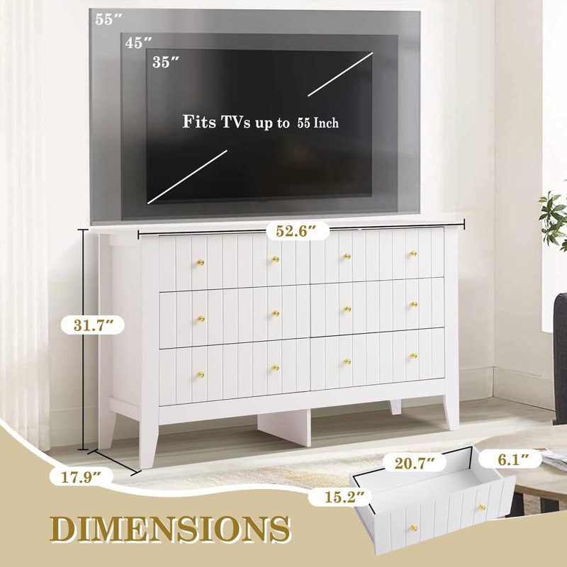 White Medium Wood Double Dresser with Extra Deep Drawers