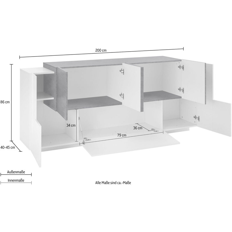 Nostrand 200 Cm Wide Sideboard, White/Report Grey