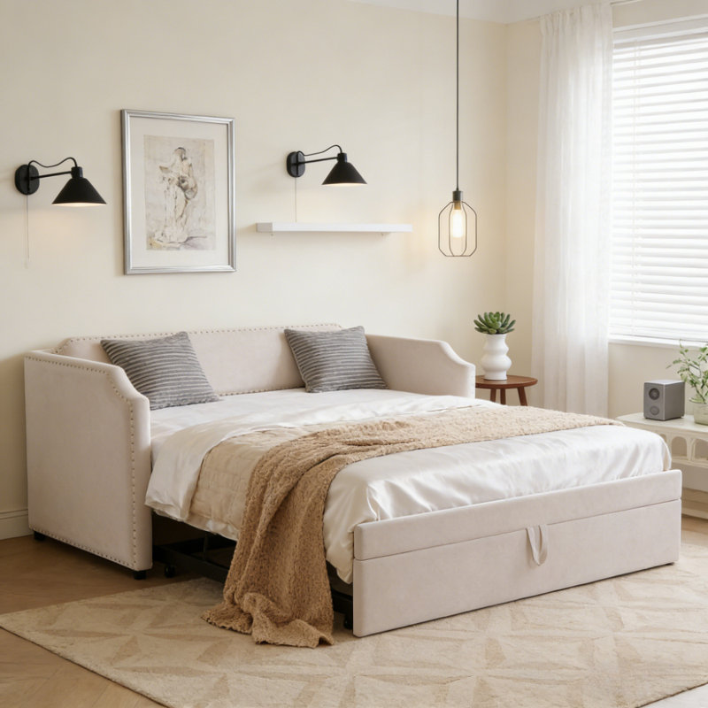 Lit de jour simple en velours rembourré avec lit gigogne, Beige