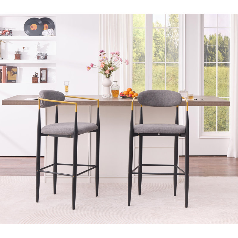 Tabouret de bar moderne rembourré avec accoudoirs dorés pour îlot de cuisine ou comptoir de salle à manger, ensemble de 2