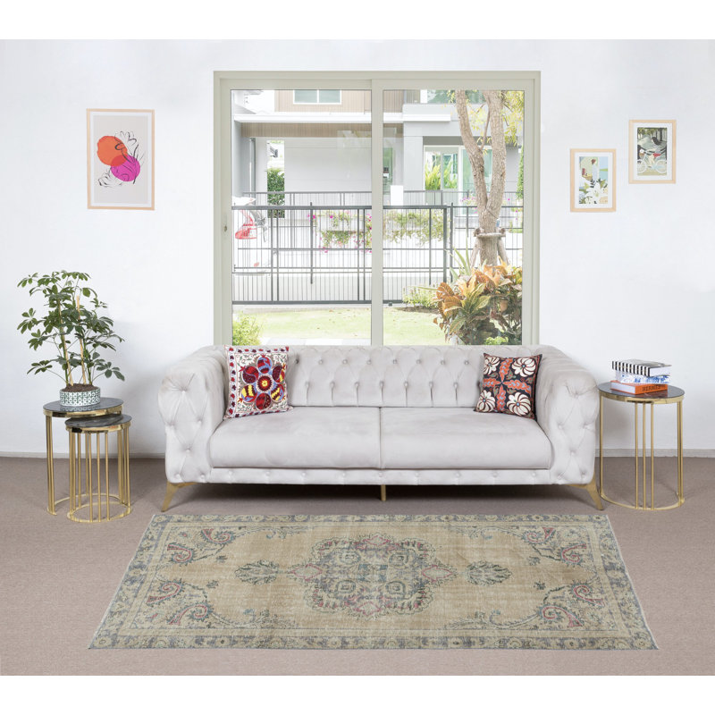 Tapis turc vintage fait à la main beige et gris délavé par le soleil