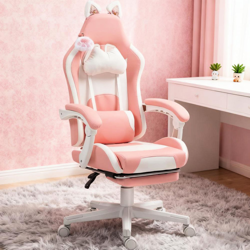 Fauteuil de jeu pour bureau, couleur rose, oreilles de chat amovibles, dossier inclinable de 135 po, réglable, roues pivotantes avec repose-pieds, fauteuil PC, mousse à densité moyenne,