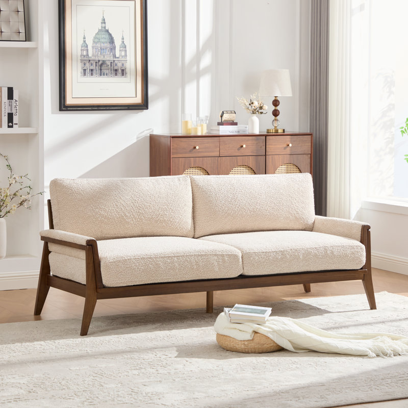 Elmont 3-Seater Mid-Century Modern Fabric Upholstered Sofa with Solid Wood Frame, Sesame