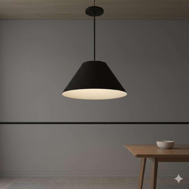 Un luminaire suspendu avec un abat-jour de 22 pouces de diamètre au fini noir, avec une source de lumière DEL intégrée., Noir