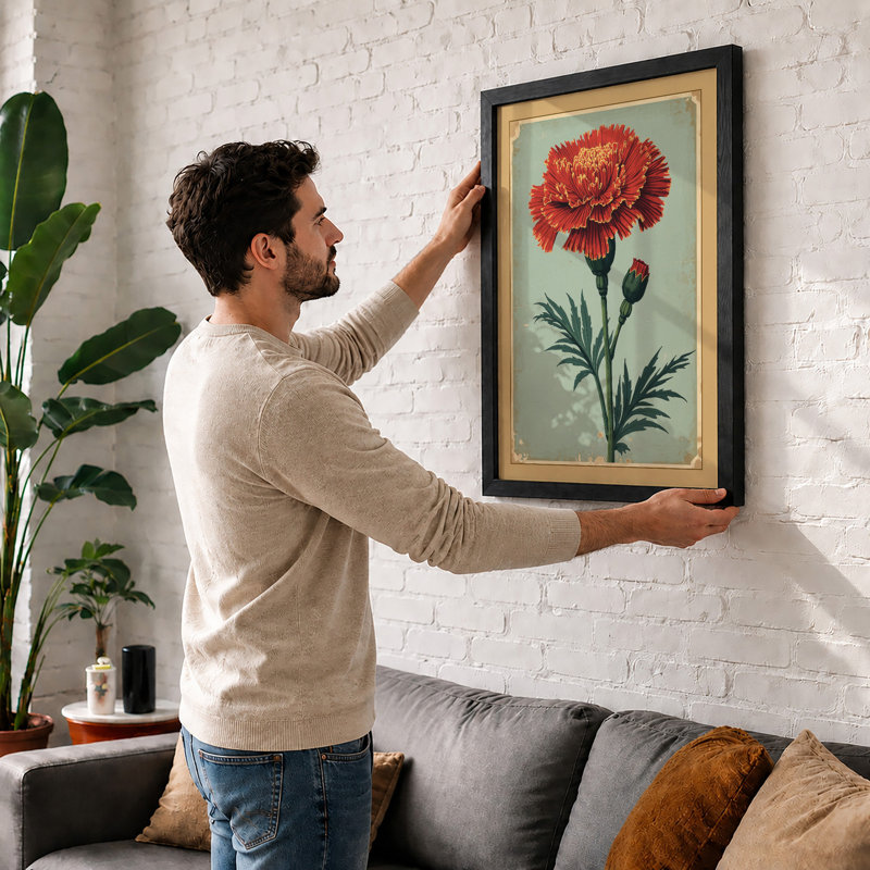 Ruffled Carnation Study Botanical - Framed Print, A2 - 59.4 x 42.0 cm, Black