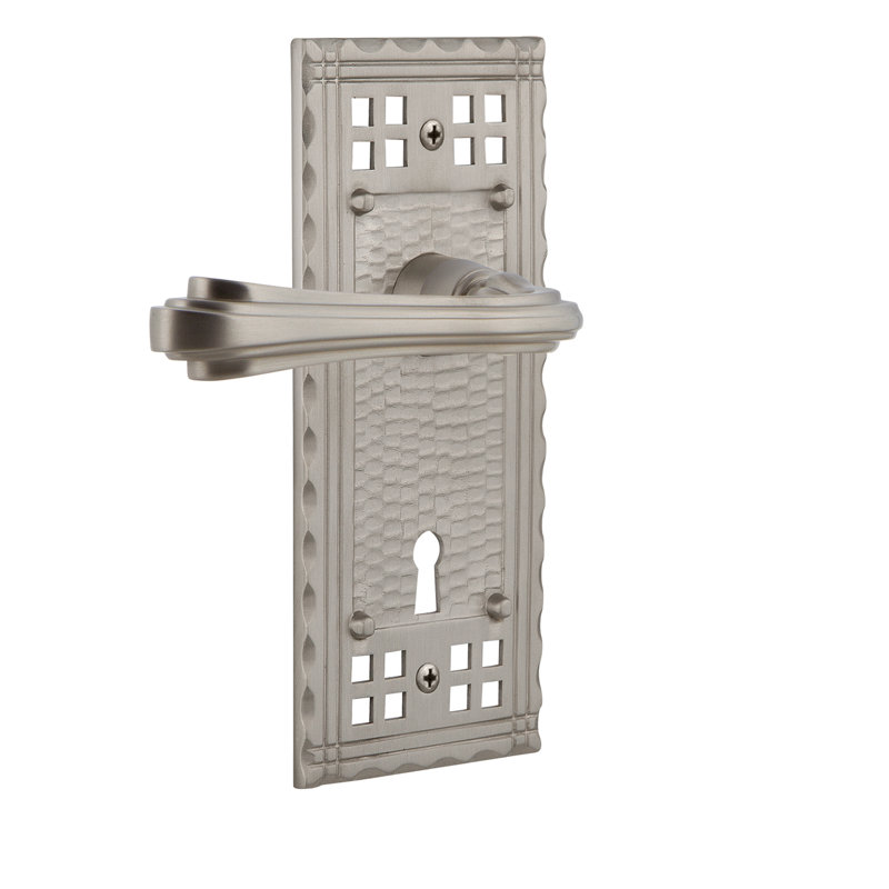 Fausse plaque simple artisanale avec trou de serrure décoratif et levier fleur, Nickel satiné, Gaucher