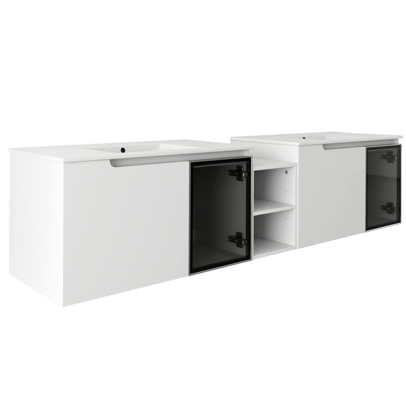Meuble-lavabo mural 84 po avec lavabo en céramique, portes à fermeture en douceur, meuble-lavabo blanc brillant et demi-porte en verre gris, 1 tablette de rangement petite, armoire combinée, contreplaqué (emballage KD)