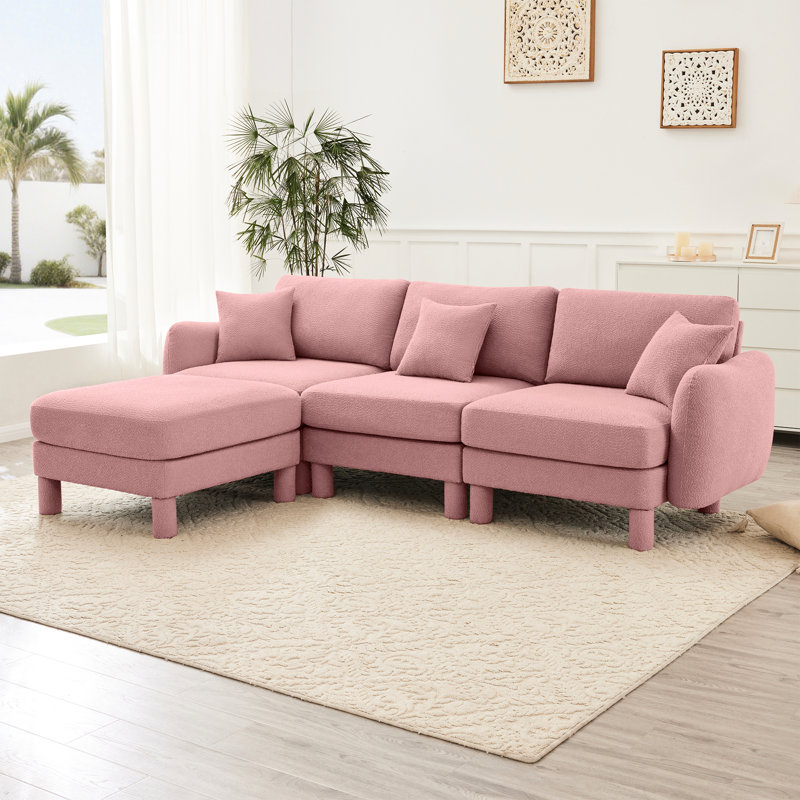 Canapé 3 places en tissu bouclé rose en forme de L convertible, rembourrage de ressort élégant incurvé, amovible et dense pour le confort