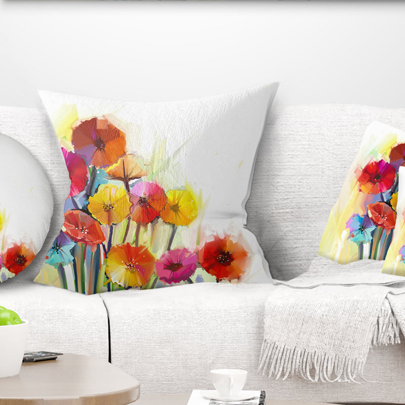 Colorful Gerbera Flowers Watercolor - Floral Printed Throw Pillow, 18" x 18", Square