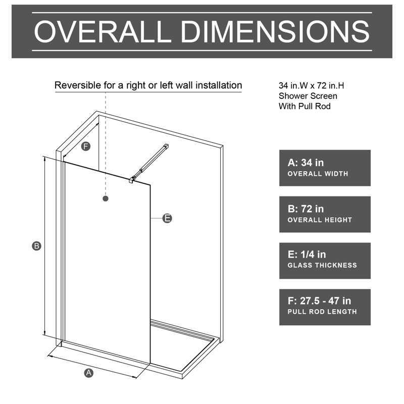 31.5" X 72" Walk - In Shower Door, Black Gradient Design, 1/4 Inch Thick Tempered Glass, Lightweight Aluminum For Support, Stain , Reversible Installation, Seamless Design Bathroom Modernization 34 W