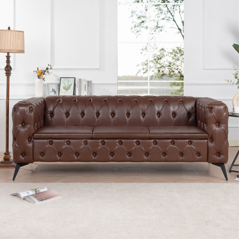 84.06" Tufted PU Leather Sofa with Square Arms and Iron Legs, Brown