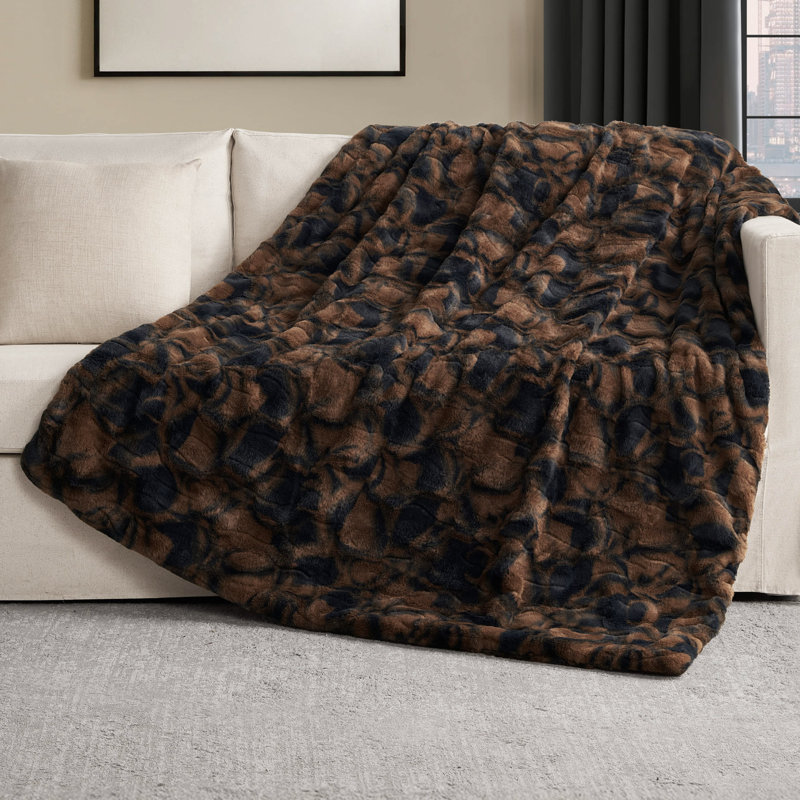 Nine West Printed Embossed Faux Fur Throw Blanket, Cacao Nibs