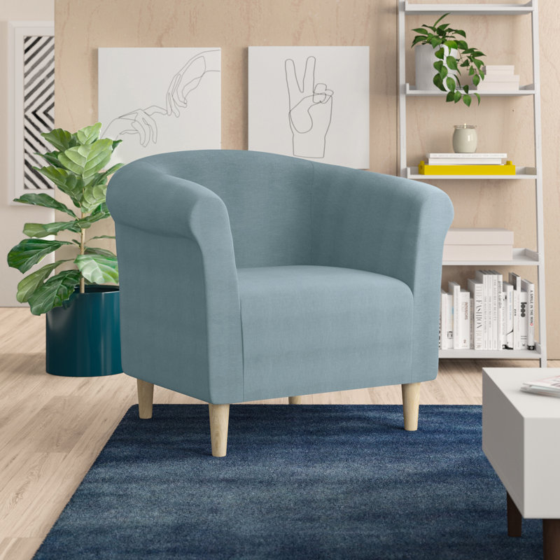 Liam Upholstered Barrel Chair, Toulan Ice Blue Twill