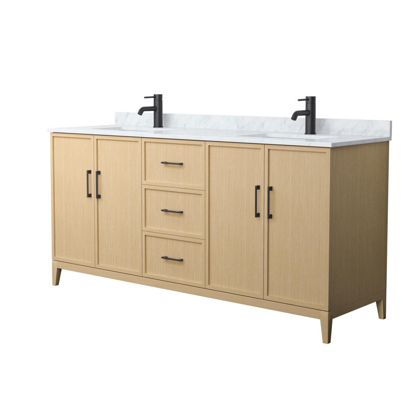 Meuble-lavabo double avec plateau en marbre Elan, Blanc, Nickel brossé, 72"