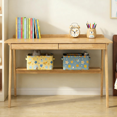 Solid Wood Writing Desk, Home Office Desk for Small Spaces, Mid Century Modern Desks with 2 Drawers & Storage Shelf, Standing Desk with Side Hooks (Wood)