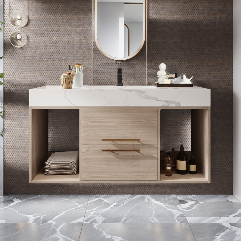 Meuble-lavabo flottant de 40 po avec lavabo, meuble-lavabo mural en bois massif avec tiroirs et armoires de rangement, lavabo en céramique intégré inclus.