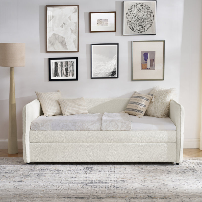 Stylish Vertical Stripe Daybed with Trundle Comfortable Backrest and Easy Assembly for Modern Spaces, Beige