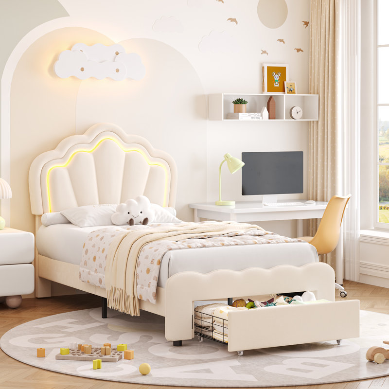 Lit pour enfant tapissier avec tiroir et tête de lit réglable Avalie, Simple, Crème