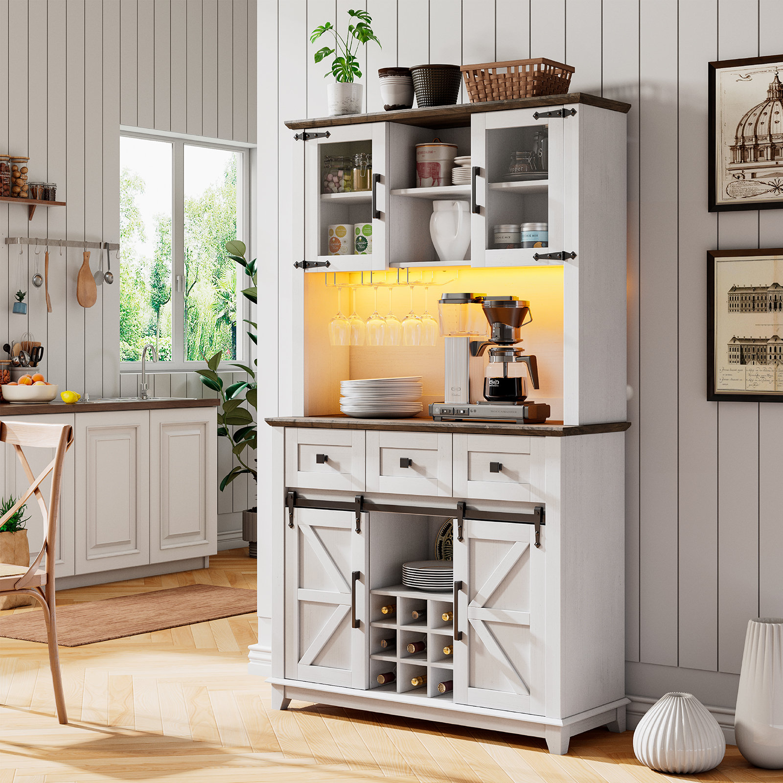 Gracie Oaks 42'' Bar Cabinet with Double LED Strips (White) | Wayfair