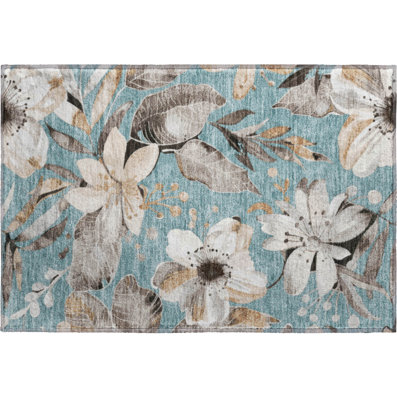 Tapis floral lavable à la machine de qualité supérieure Mayfield AMF2260, Bleu sarcelle, 1 pi 8 po x 2 pi 6 po