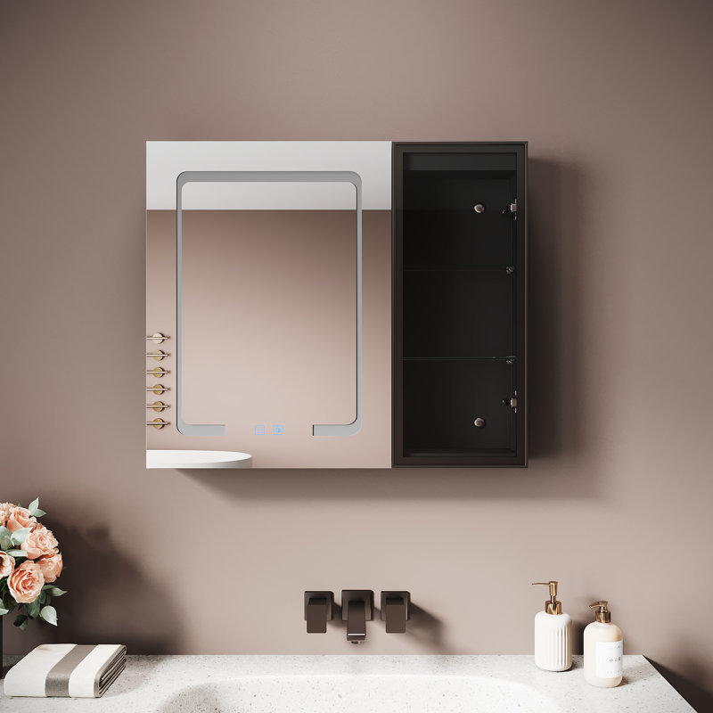 70 mm W 60 mm H Framed Mirrored Bathroom Cabinets 3 Shelves with Mirror, Black