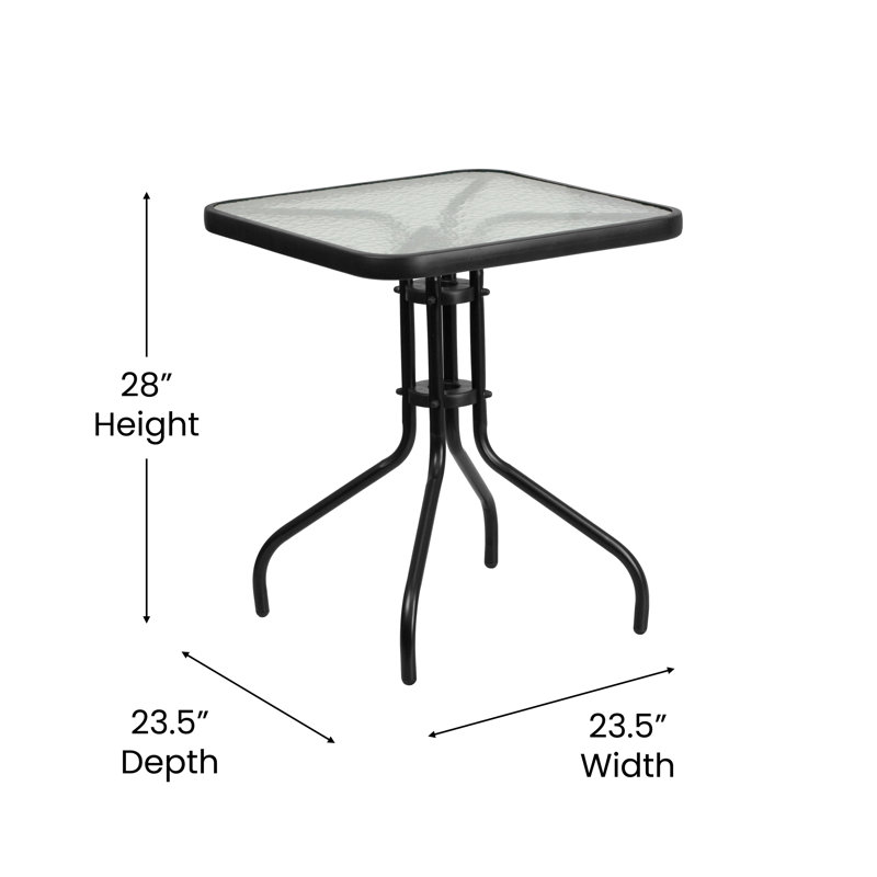 Amlie Square Tempered Glass Metal Table with Smooth Ripple Design Top, 28" H x 23.5" W x 23.5" D, Clear/Black