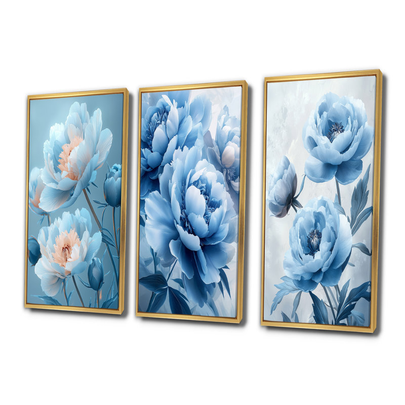 Blue Velvet Pe pivoines I - Collection d'art mural pivoines, H 28 po x l 36 po, Impression encadrée flottante, Doré