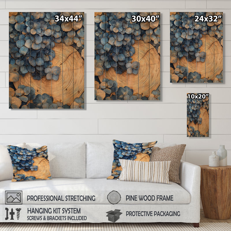 Aqua Hydrangea Flowers On Wooden Slide I - Hydrangea Wood Wall Decor - On Natural Pine Wood, 32" H x 24" W x 0.78" D