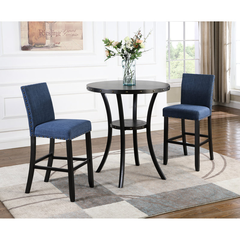 3 chaises rondes de 36 po - 2 chaises en tissu bleu, structure en métal, espace de rangement supplémentaire disponible, barre de bois ronde, caractéristique