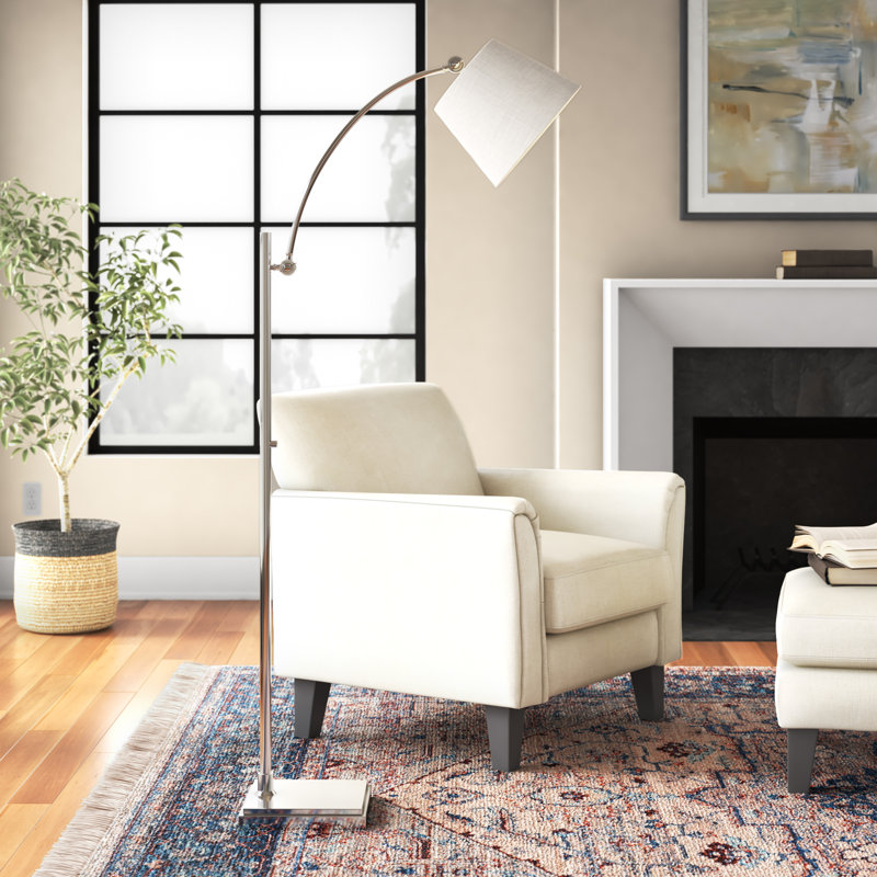 Hertz 66'' Arched Floor Lamp, Brushed Steel, Off-White
