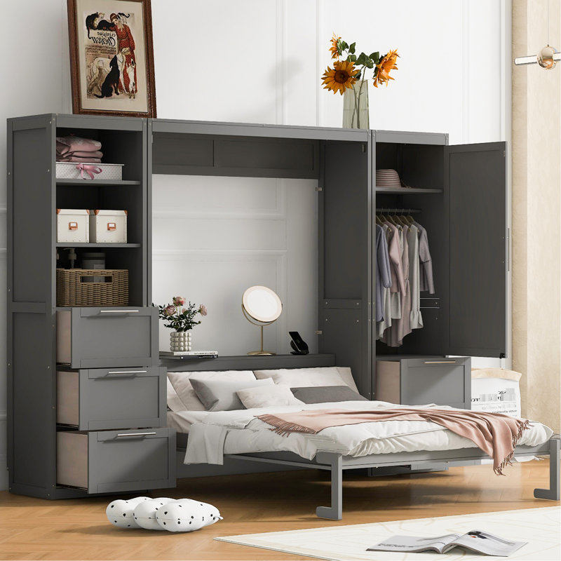 Space Bed In Grey With Closet And Storage Options Queen-Size Under Drawer Shelf Unit