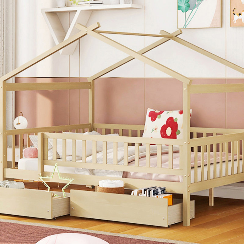 Lit en bois avec deux tiroirs, Naturel