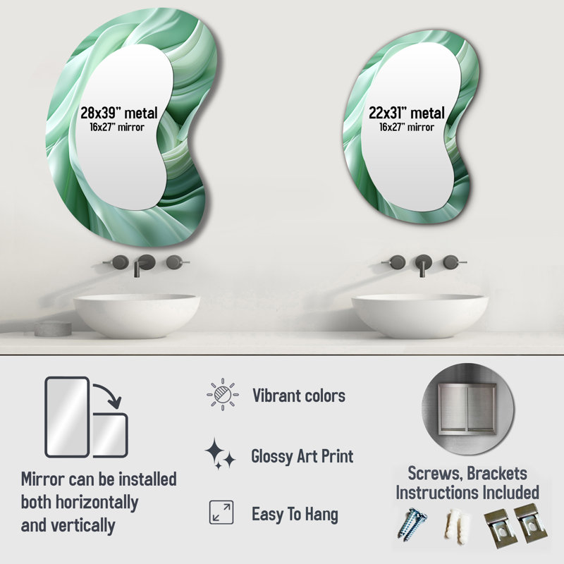 Green Soft Fractal Spirals II - Abstract Spirals 3D Shapes Irregular Modern Large Wall Mirror, 31" x 22"
