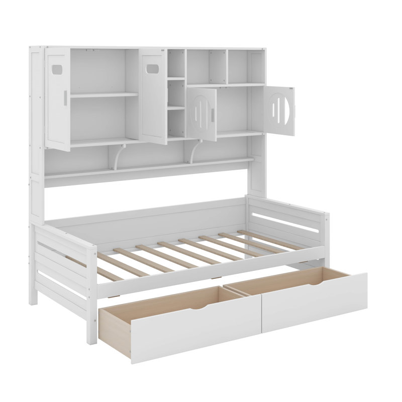 Lit de jour en bois avec tiroirs, Simple, Blanc