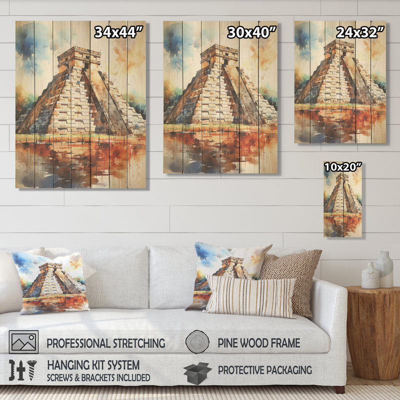 Chichen Itza, art mexicain III - art mexicain sur bois, H 40 po x l 30 po