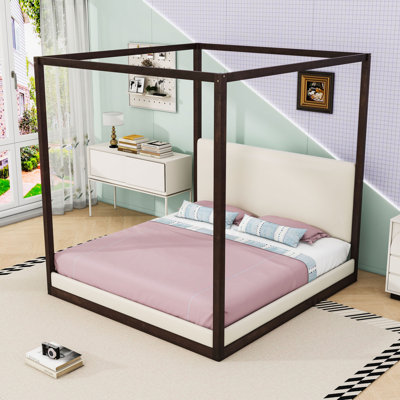 Canopy Platform Bed with Upholstered Headboard and Sturdy Slats