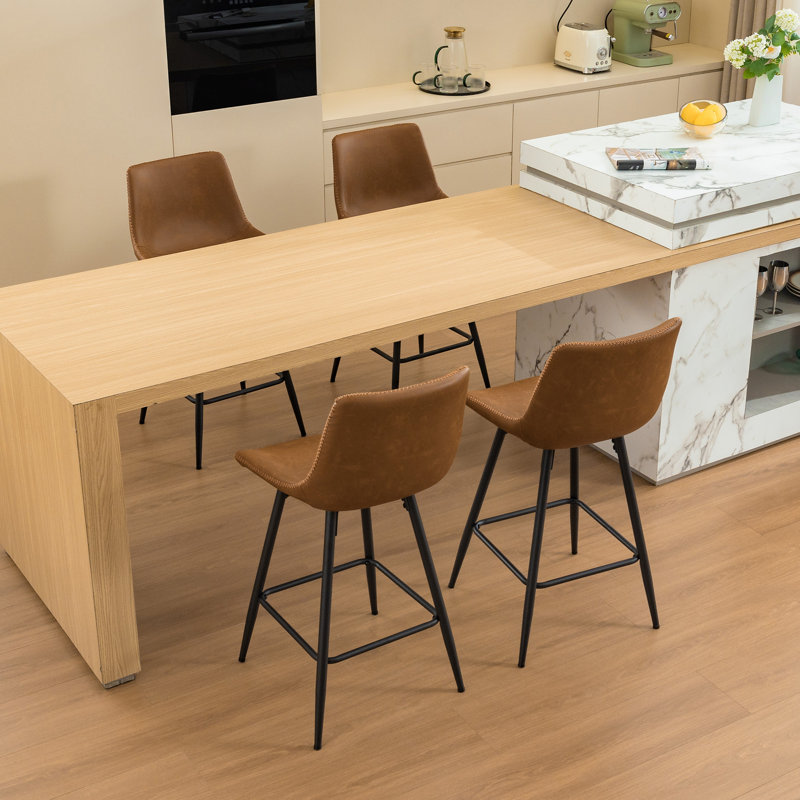 Faux Leather Modern Low Back Counter Stool, Whiskey Brown, Counter Stool (24" Seat Height), 4