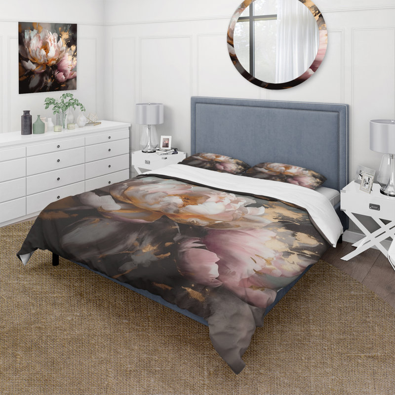 Ensemble de housse de couette en microfibre / polyester Marble Pink Gold Peony Flower V