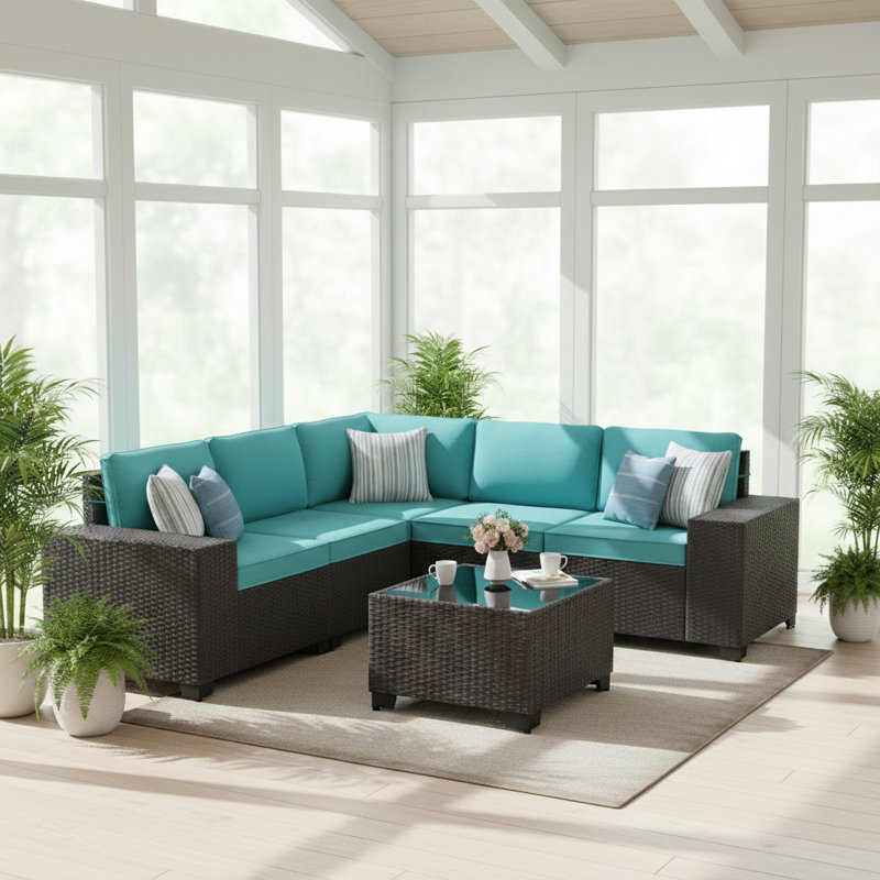 5-Person All-Weather Outdoor HDPE Rattan Sectional Sofa Set with Cushions and Wide Armrests, Green Blue