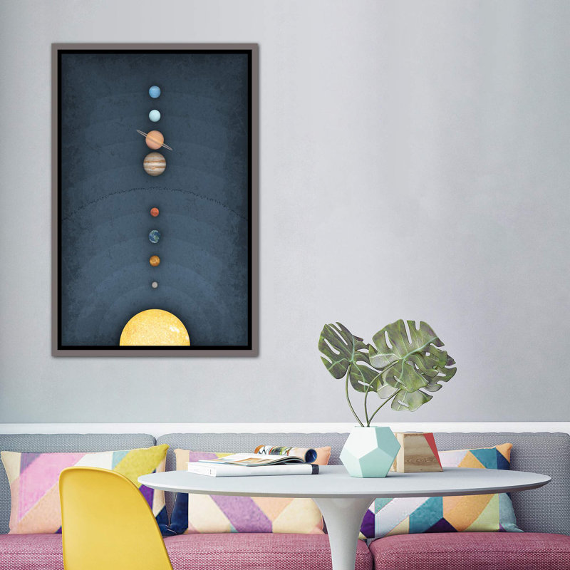 Système solaire II, art encadré, H 60 po x l 40po x P 1,5 po, Toile avec cadre gris foncé rustique